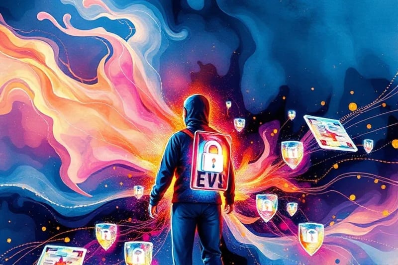 Ilustración de un viaje digital seguro con escudos de privacidad