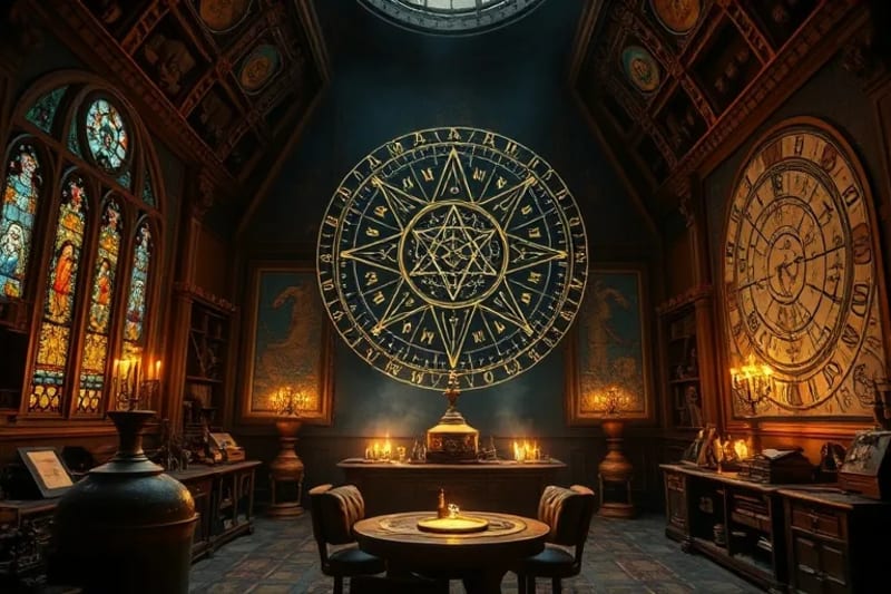 Ancient alchemical laboratory with glowing retorts and astrological charts, representing deep mystery and scientific inquiry.