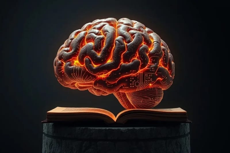Representación 3D de un cerebro humano fusionado con circuitos y microchips brillantes.