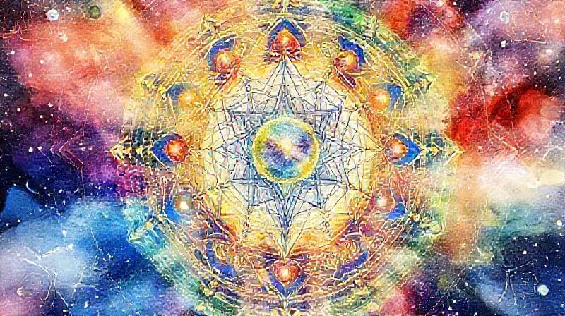 Watercolor painting of human energetic field intertwined with celestial spheres and planetary symbols, showing cosmic connection.