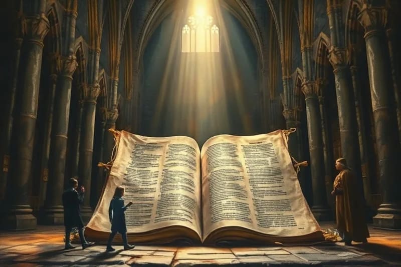 Pintura al óleo de un antiguo texto bíblico abierto, iluminado, con figuras fantasmales futuristas que se acercan a él.