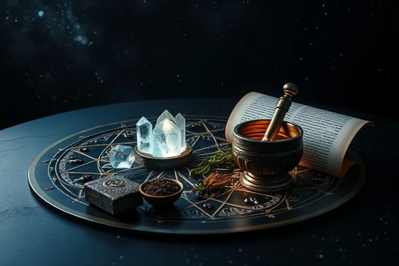 3D render of esoteric healing tools: a crystal grid, antique mortar and pestle with glowing herbs, and a scroll detailing planetary dignities.