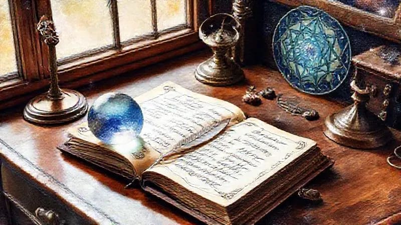 Diario de sueños antiguo con símbolos esotéricos y una bola de cristal, sobre un escritorio de madera.