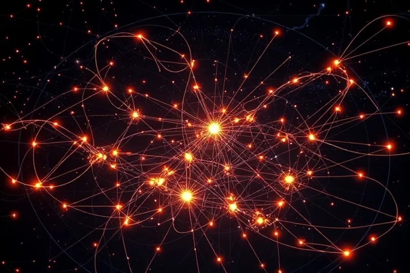 Líneas de luz cósmicas entrelazadas en un vacío oscuro, formando patrones complejos de energía kármica.