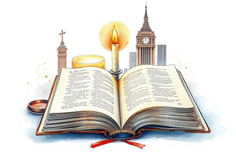 Libro antiguo abierto con vela encendida, rodeado de sombras de símbolos seculares modernos