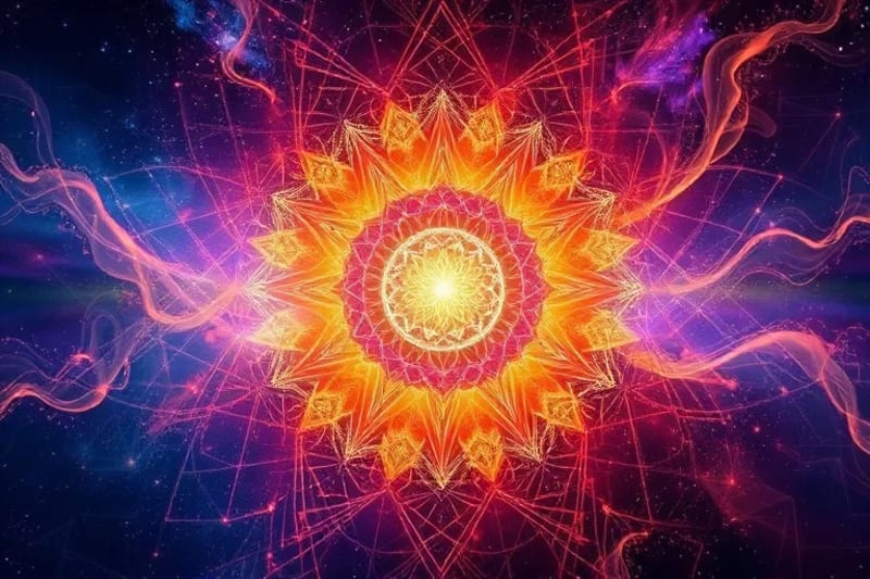Vibrant, intricate visualization of biofield energy with swirling patterns of light and color emanating from a central, glowing orb, no human forms.