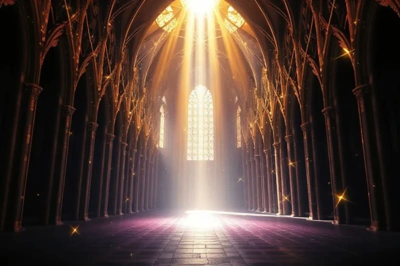 Estructura de hilos de luz entrelazados que brillan en un vacío oscuro, resistiendo formas geométricas caóticas
