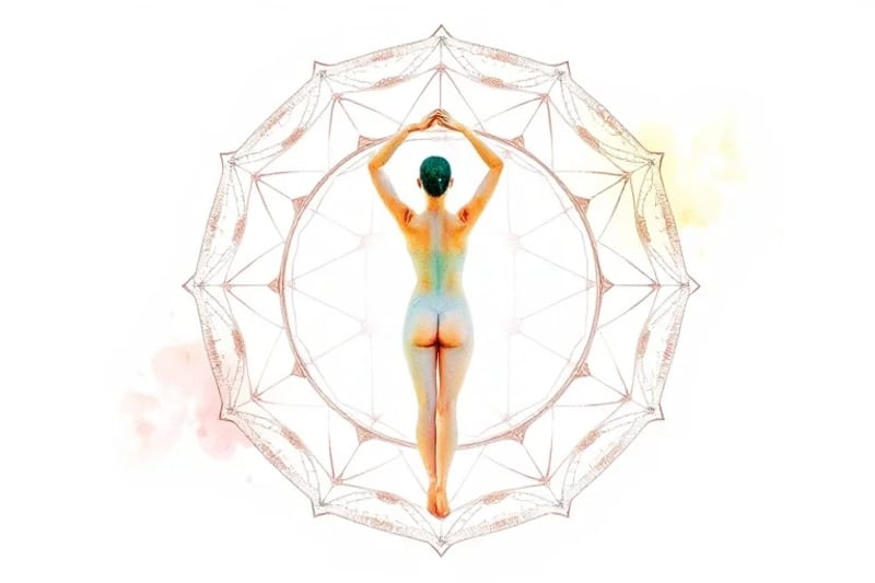 Minimalist watercolor illustration of a body in a graceful, mindful movement pose, indistinct figure, soft pastel background.