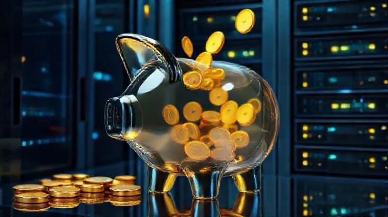 3D render of piggy bank integrated with cloud servers