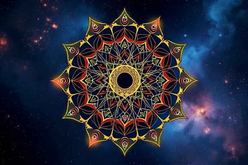 Intricate dreamcatcher with universal symbols and glowing orbs