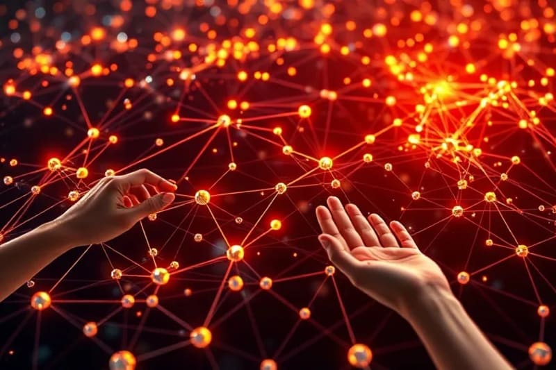 Vector art of an intricate network of interconnected nodes and lines representing AI decision-making processes, with diverse human hands gently guiding or overseeing certain pathways. Bright, clean colors.