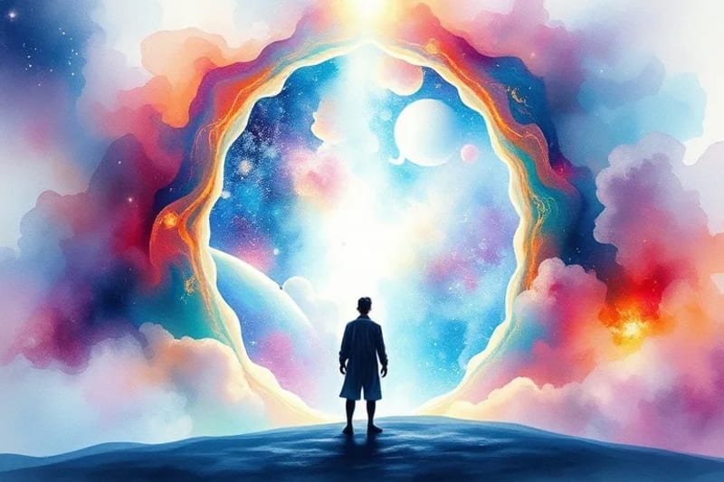 Person's silhouette before a shimmering portal to a cosmic landscape