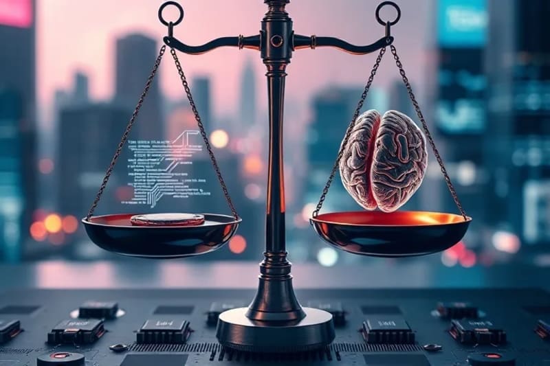 3D render of stylized legal scales balancing digital code and human ethical principles. One side holds glowing lines of code, the other holds a stylized human brain or symbolic heart. Blurred futuristic cityscape background. Dynamic lighting, sharp focus on scales.