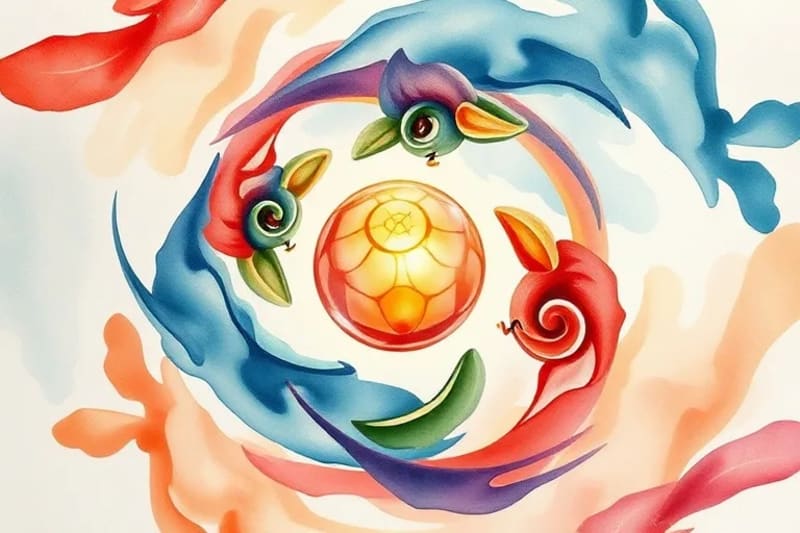 Composición abstracta de acuarela con formas circulares que evocan el ciclo del zodiaco chino y la sabiduría.