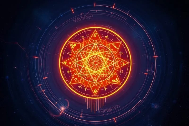 Conceptual digital painting of a glowing AI-generated sigil at its center, surrounded by abstract lines of light and energy, resembling ancient glyphs and circuit board traces.