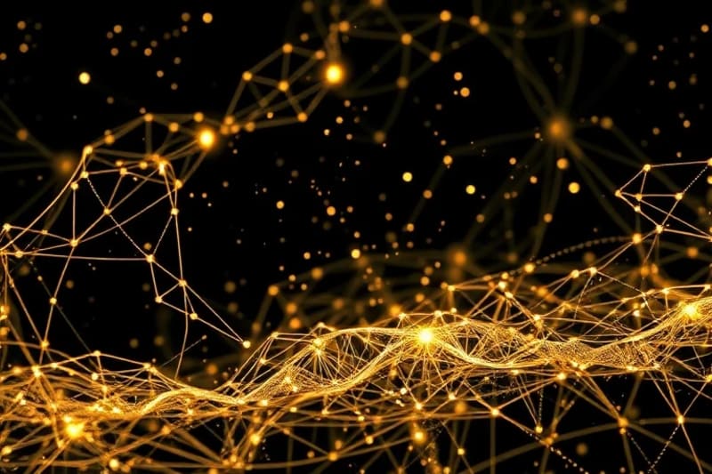 Close-up, abstract 3D render of data streams and neural network nodes forming a complex, interwoven tapestry of luminous gold and silver threads against a dark, cosmic background.