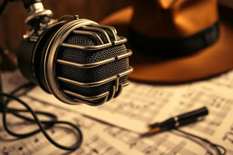 Antiguo micrófono de estudio con partituras y sombrero, evocando la creatividad de un genio musical