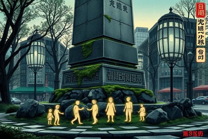 Ancient stone marker in a modern city park with glowing spirit figures
