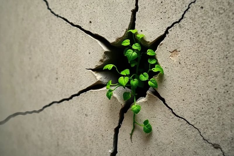 Vibrant green vine growing through a concrete wall with energetic patterns