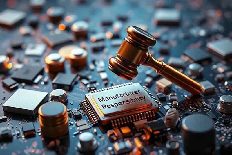 Render 3D de una placa de circuito rota con gaveles y balanzas de justicia simbolizando la responsabilidad