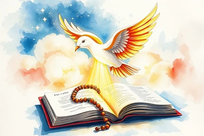 Representación del Espíritu Santo, un rosario y la Biblia