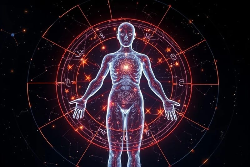 Holograma de cuerpo humano con símbolos astrales