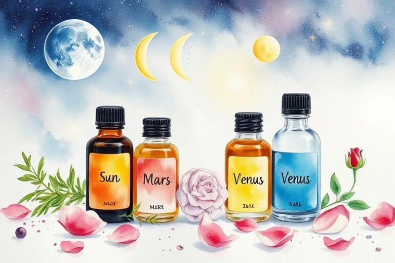 Aceites esenciales con símbolos planetarios y botánicos