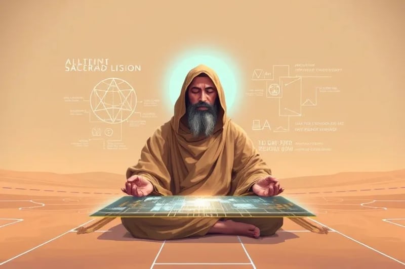 Monje meditando con interfaz digital y algoritmos