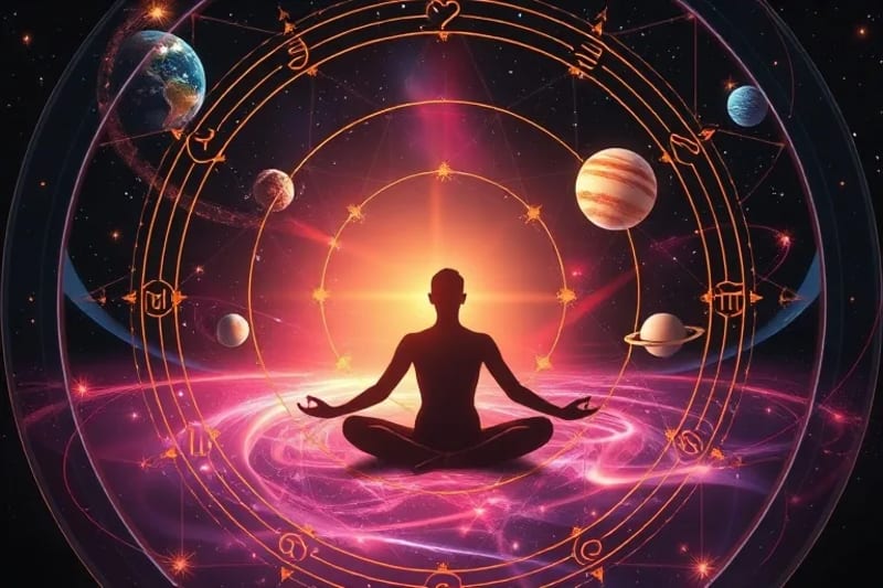 Silueta humana meditando con energías cósmicas y planetas