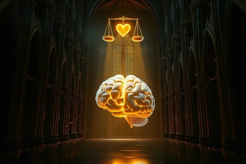 Red de circuitos cerebrales con símbolos de virtudes y vicios