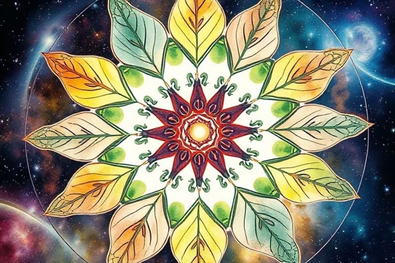 Vibrant watercolor painting of Celtic tree leaves (oak, birch, willow, apple) arranged in a circle, each subtly depicting an Ogham symbol with flowing textures and harmonious pastel colors.