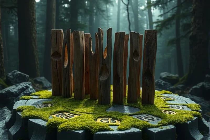 Intricate 3D render of wooden Ogham staves resting on an ancient, moss-covered stone altar, surrounded by glowing runes and faint magical energy, with volumetric lighting and a deep forest background.