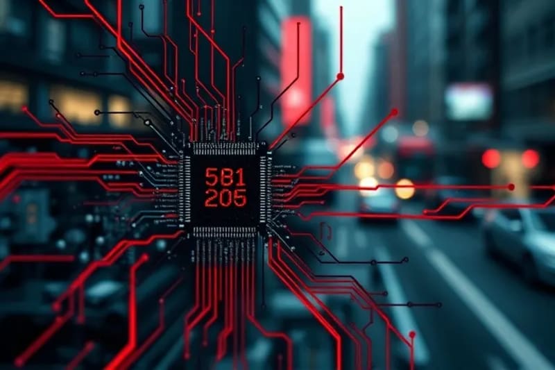 Fragmented, glitchy digital art representing vulnerable smart city sensors with red lines indicating data breaches or cyber threats.