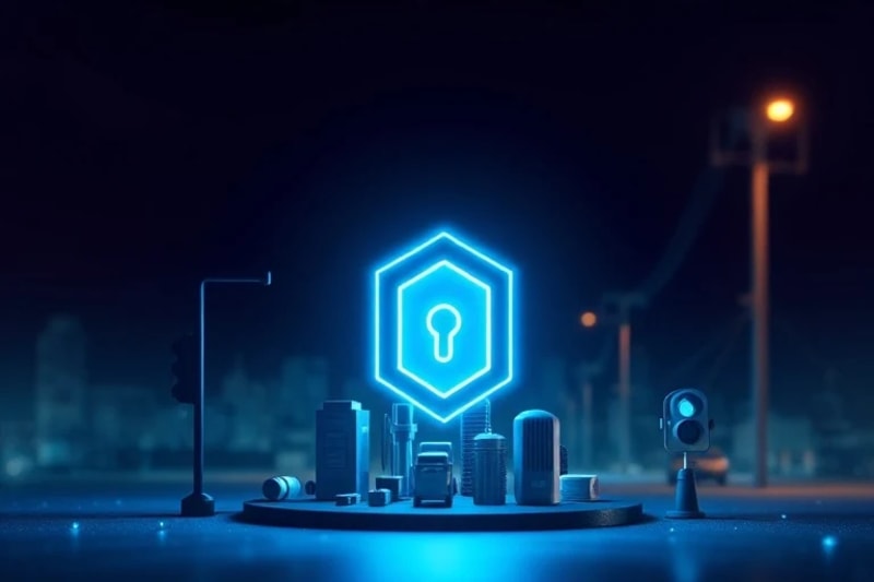 3D render of a glowing hexagonal security shield icon protecting miniature smart city infrastructure models, symbolizing robust defense.