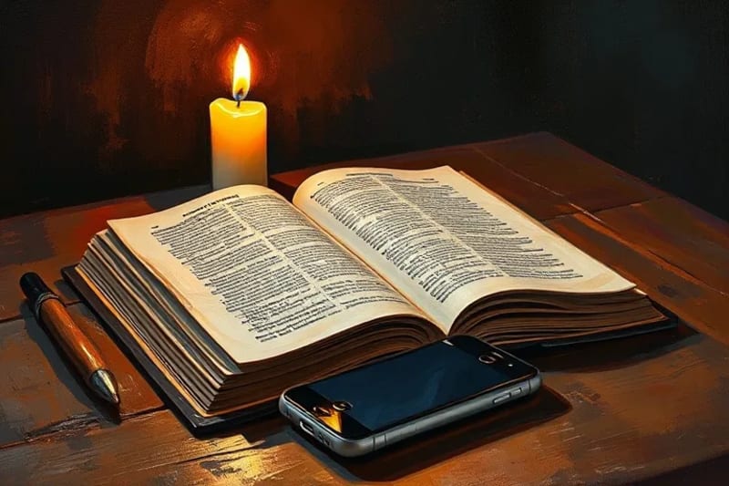 Libro antiguo y vela en mesa de madera