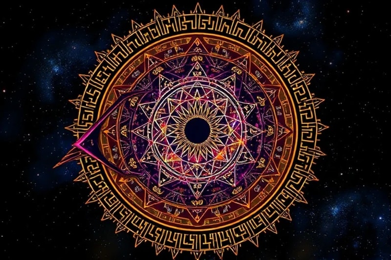 Intricate digital art of a human eye with a galaxy iris, surrounded by astrological symbols, alchemical diagrams, and circuit board patterns intertwined with runes.