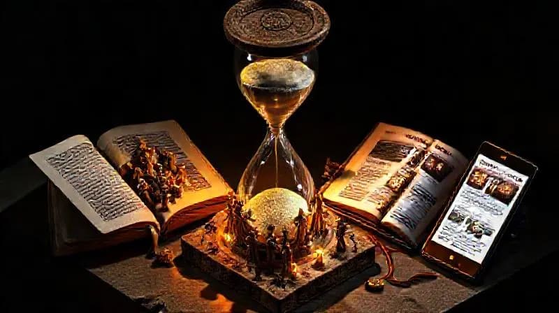 Bodegón conceptual con un reloj de arena, figuras humanas en miniatura, un libro antiguo con símbolos luminosos y un smartphone con noticias de crisis