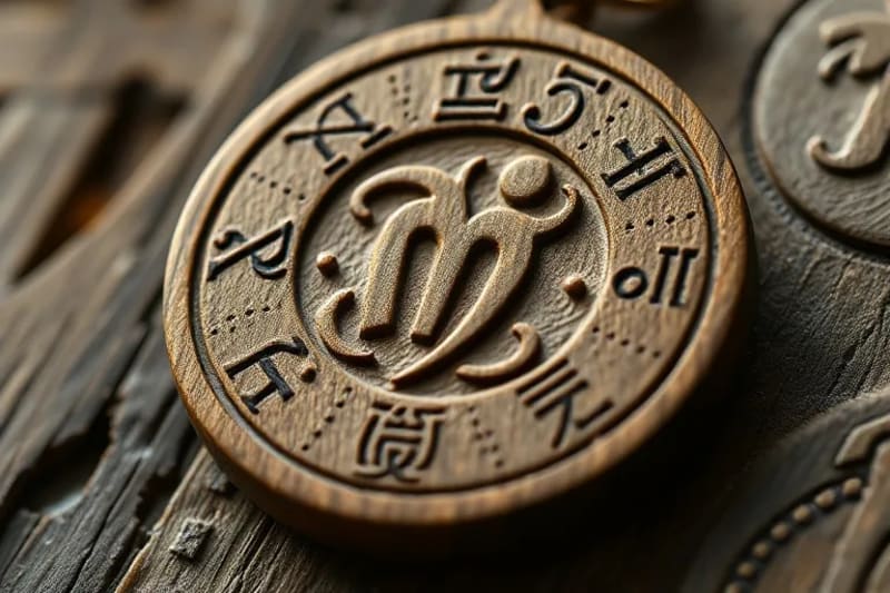Close-up of an intricately carved wooden amulet with runic symbols