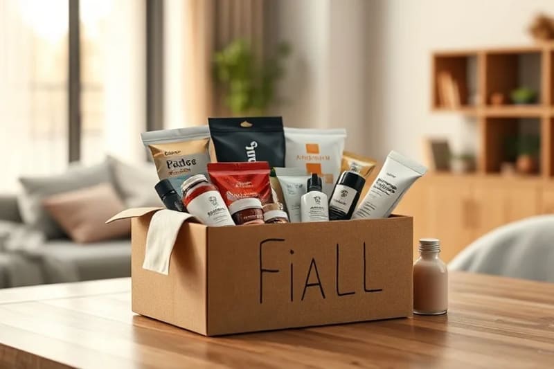 Caja de suscripción de productos físicos cuidadosamente empaquetados en un ambiente hogareño
