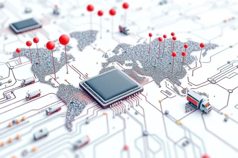 Diagrama de red logística global con iconos de transporte y almacenes