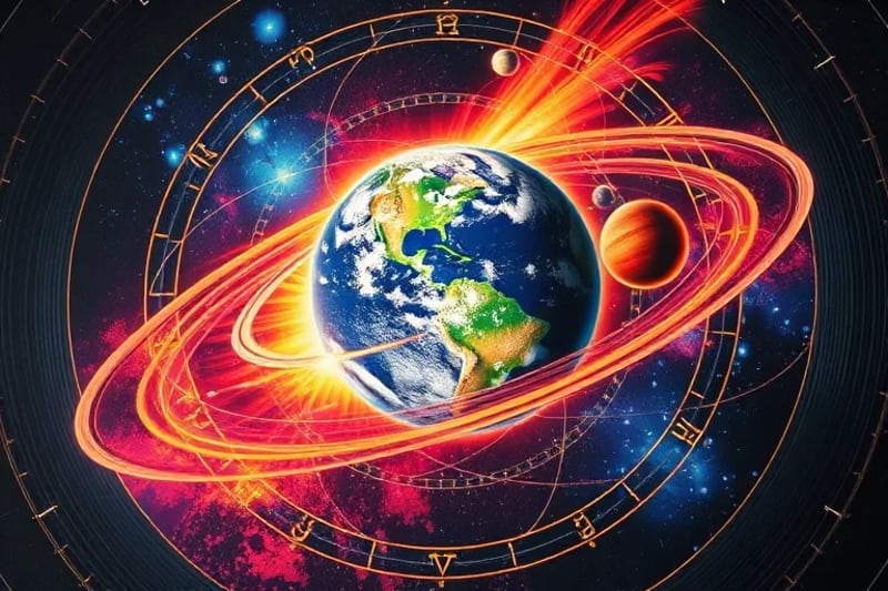 Digital painting of planets orbiting Earth, with abstract light trails representing collective consciousness reacting to celestial influences