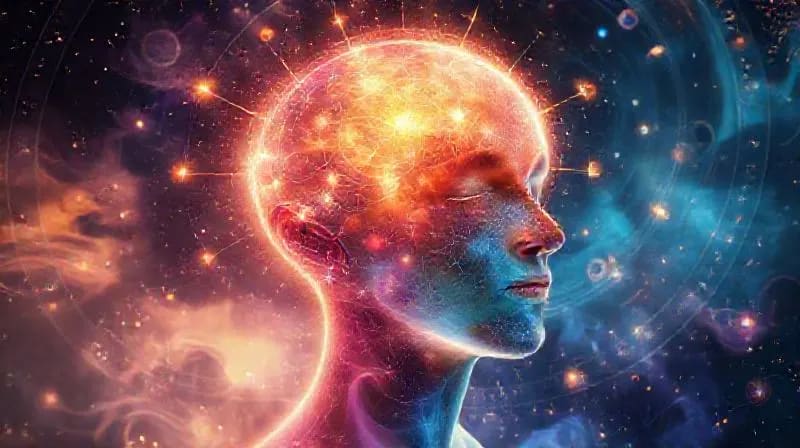 Representación digital de un aura humana vibrante con colores, influenciada por ondas de energía sutiles y conectada a una interfaz orgánica que visualiza el flujo energético.