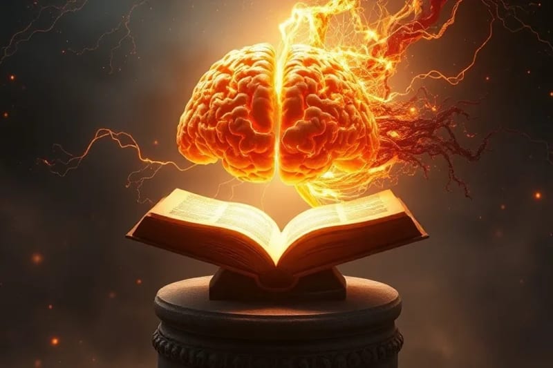 Representación 3D abstracta de un cerebro con flujos de luz y oscuridad, simbolizando la interacción entre fe, miedo y la psique colectiva.