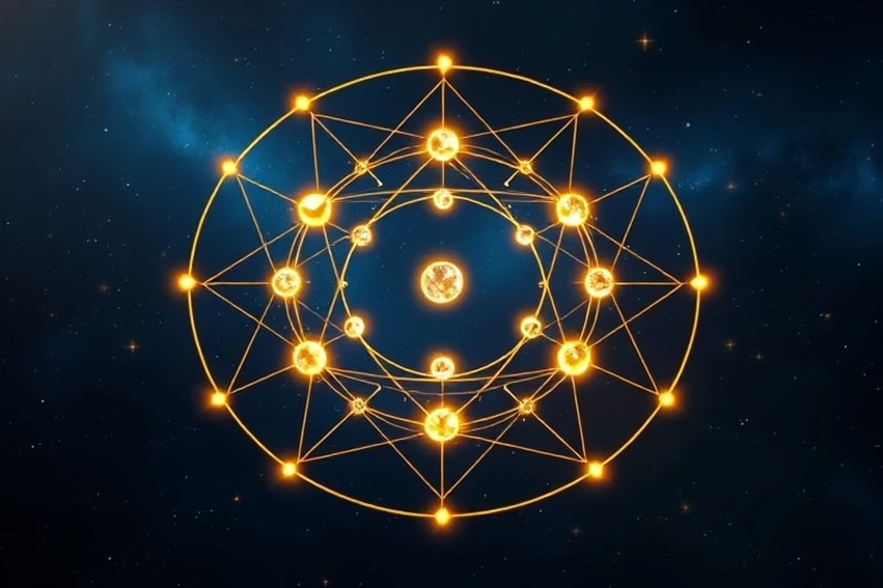 Render 3D abstracto de hilos de luz dorados entrelazados, formando un patrón geométrico que evoca un diagrama cuántico y una carta astral, con esferas translúcidas y brillantes.