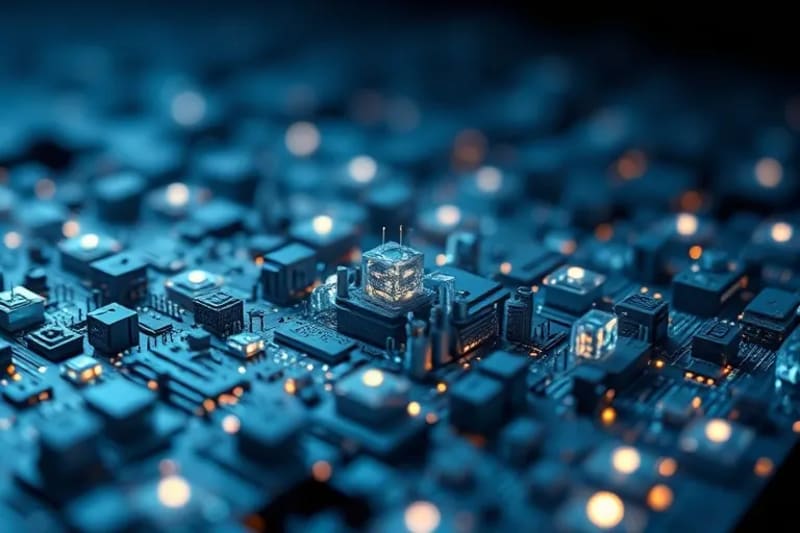 Primer plano de un arreglo de memristores con estructuras cristalinas y luces pulsantes.