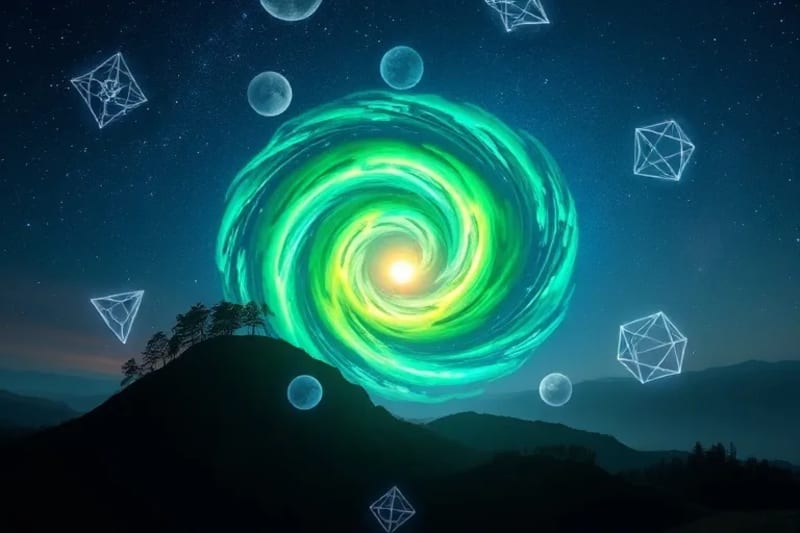 Abstract 3D render of planetary healing, with swirling light and geometric oracle shapes