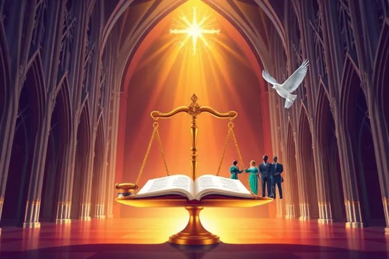 Balanza de la justicia con símbolos de igualdad y equidad