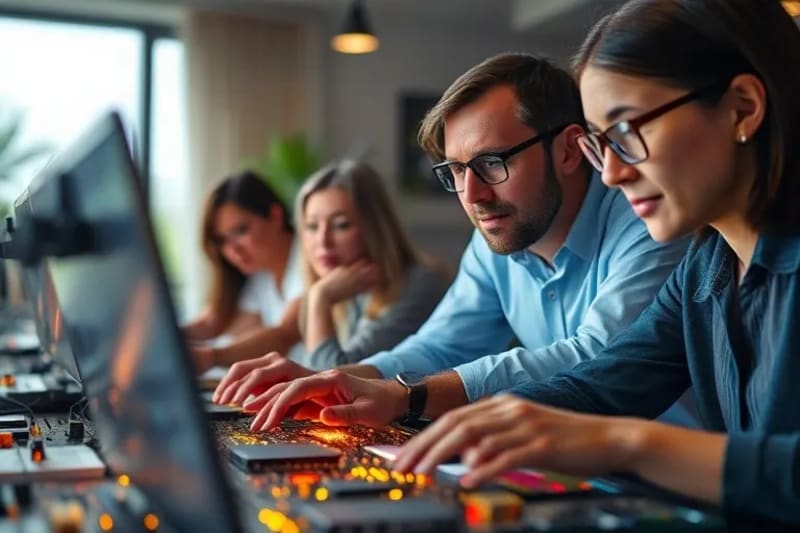 Grupo diverso de profesionales colaborando virtualmente en un entorno híbrido.