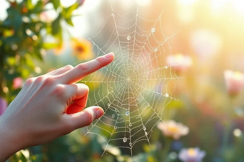 Mano tocando una telaraña con gotas de rocío que reflejan símbolos celestiales