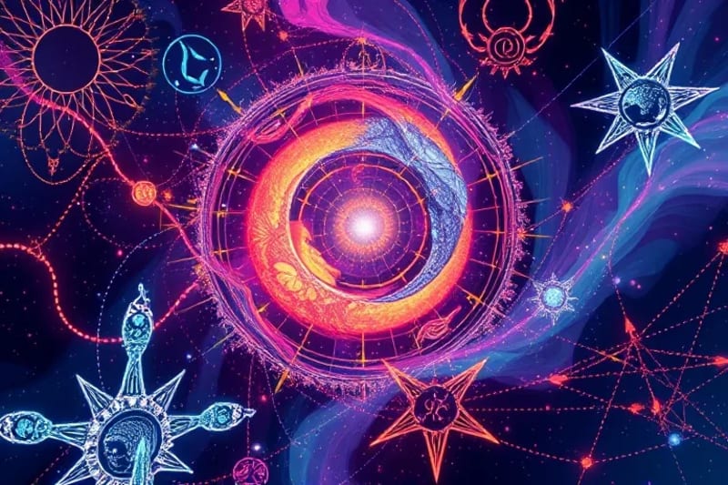 Vortex energético con símbolos cuánticos y astrológicos